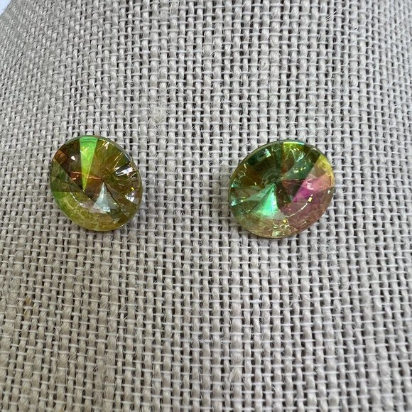Rivoli Earrings Rainbow AB Rhinestone Faceted Stud‎ Green Pink - Picture 1 of 7